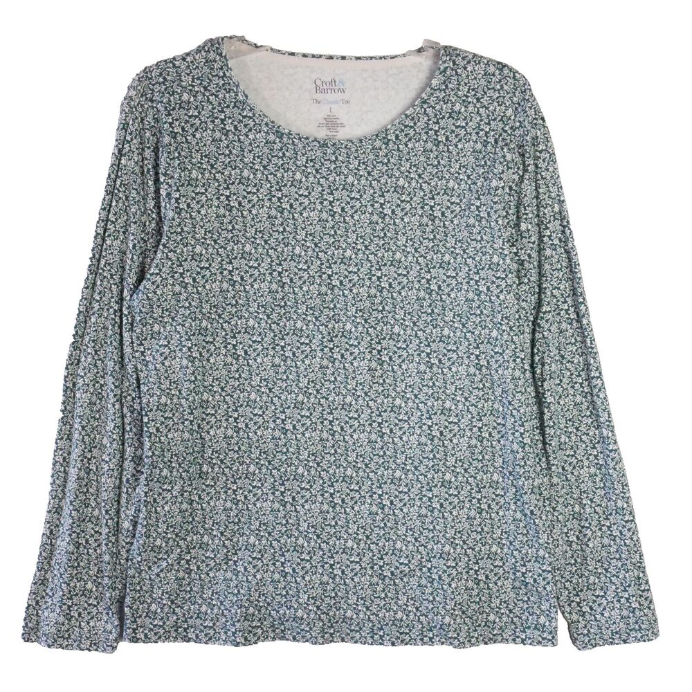 Croft & Barrow Womens Size L Green Ditsy Print Knit Long Sleeve Pullover Top